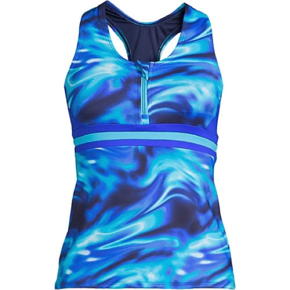New Land’s End Plus size zip chlorine resistant front zip tankini blue swirl  2X
